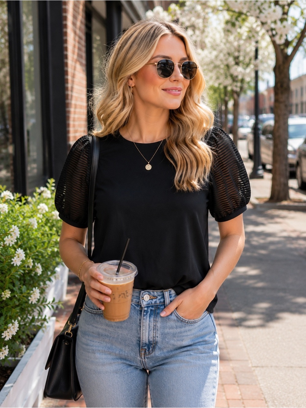 Madewell Black Short Sleeve Puff-Sleeve Knit Top